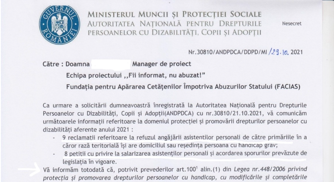 , Răspunsul ANDPDCA cu privire la drepturile asistenților persoanelor cu dizabilități., FACIAS