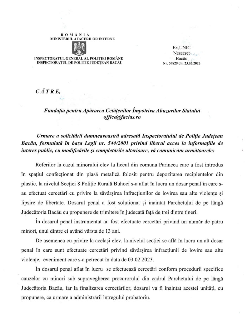, FACIAS intervine &icirc;n cazul de bullying de la Bacău, FACIAS