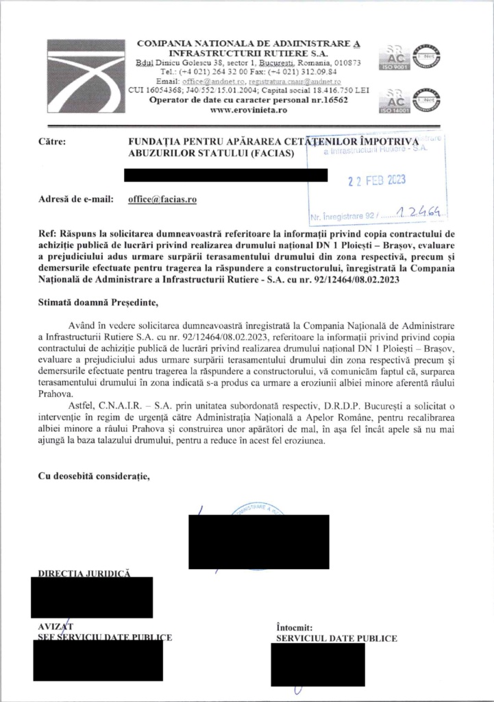 , DN1, surpat pe 60 de metri. FACIAS solicită explicații responsabililor, FACIAS