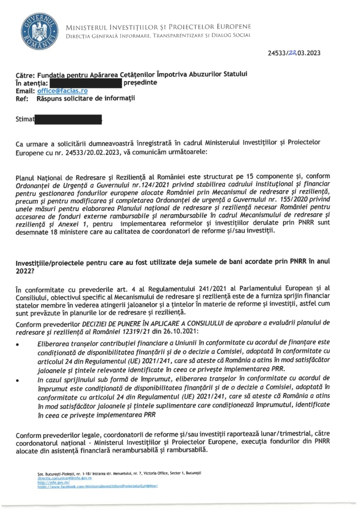 , Răspunsul Ministerului Investițiilor și Proiectelor Europene – DOCUMENT, FACIAS