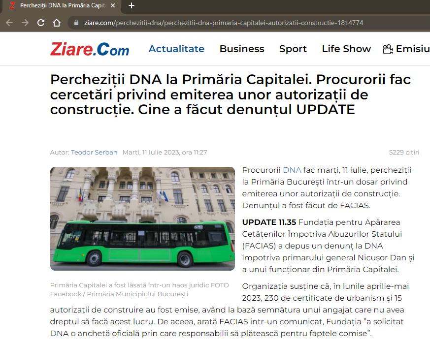 , Pl&acirc;ngerea FACIAS aduce DNA &icirc;n Primăria Capitalei: Procurorii anchetează posibile fapte de corupție, FACIAS