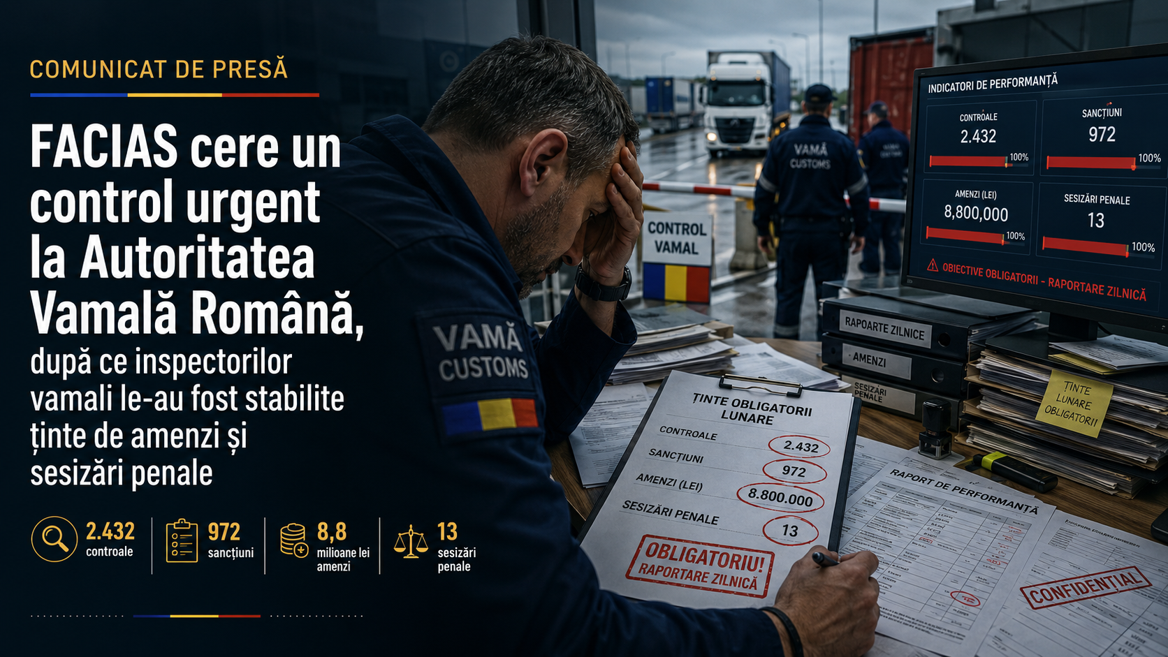 , FACIAS cere un control urgent la Autoritatea Vamală Rom&acirc;nă, după ce inspectorilor vamali le-au fost stabilite ținte de amenzi și sesizări penale, FACIAS